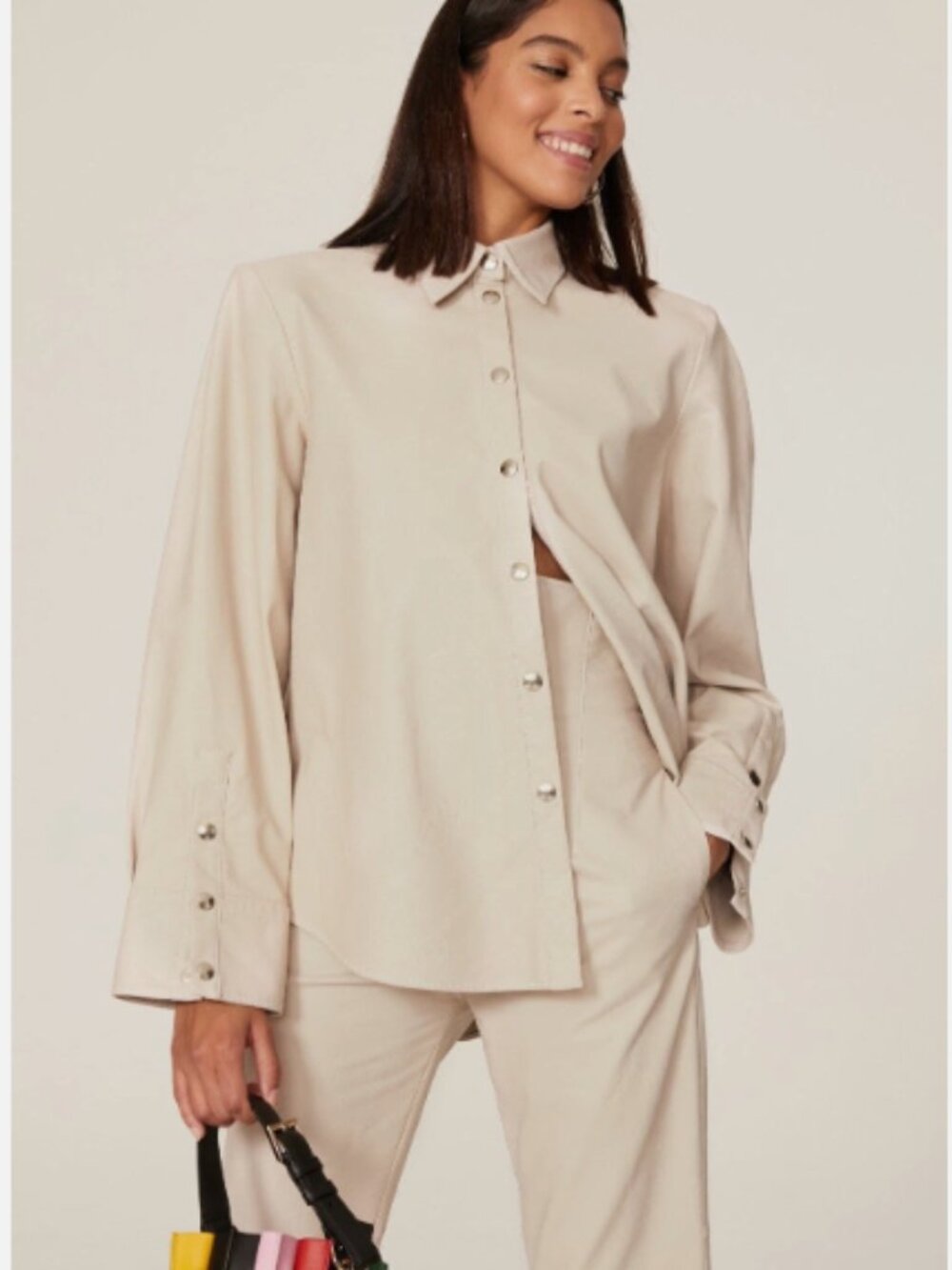 Sara Battaglia for RTR Top Women Size 40 Beige Faux Leather Snap Button Shacket